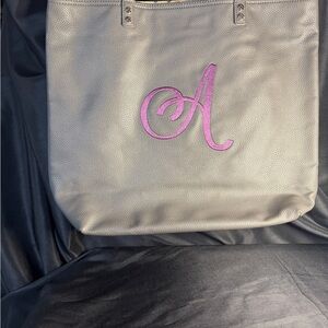 Thirty-One Gray Around Town Tote with Purple Monogram | NEW